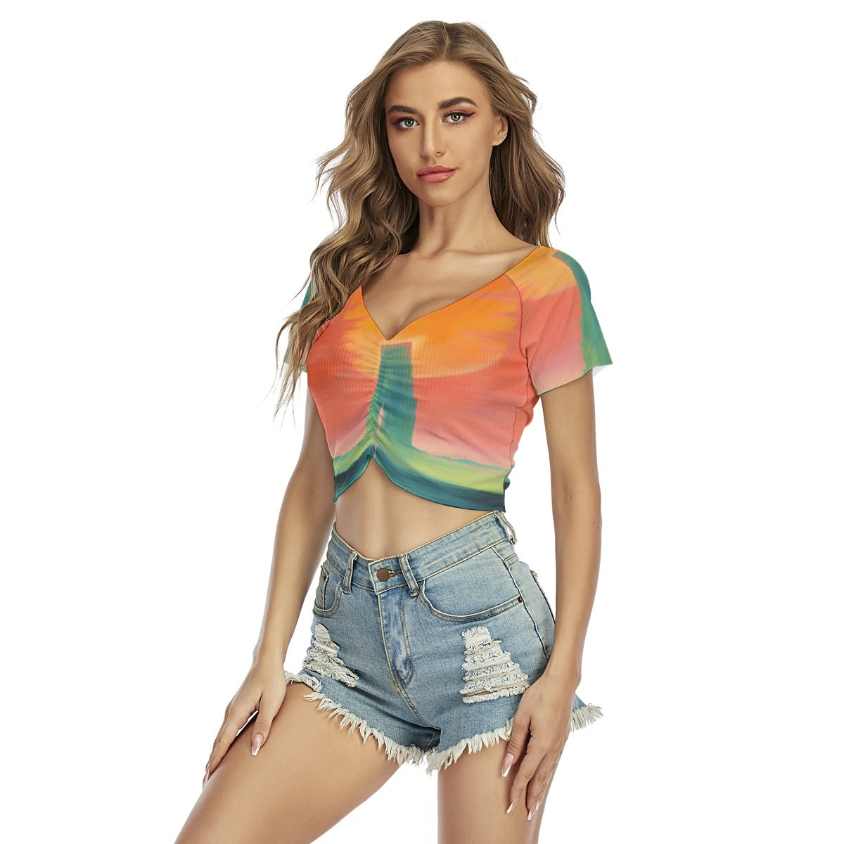 All-Over Print Women's Raglan Drawstring Front  Crop Tee