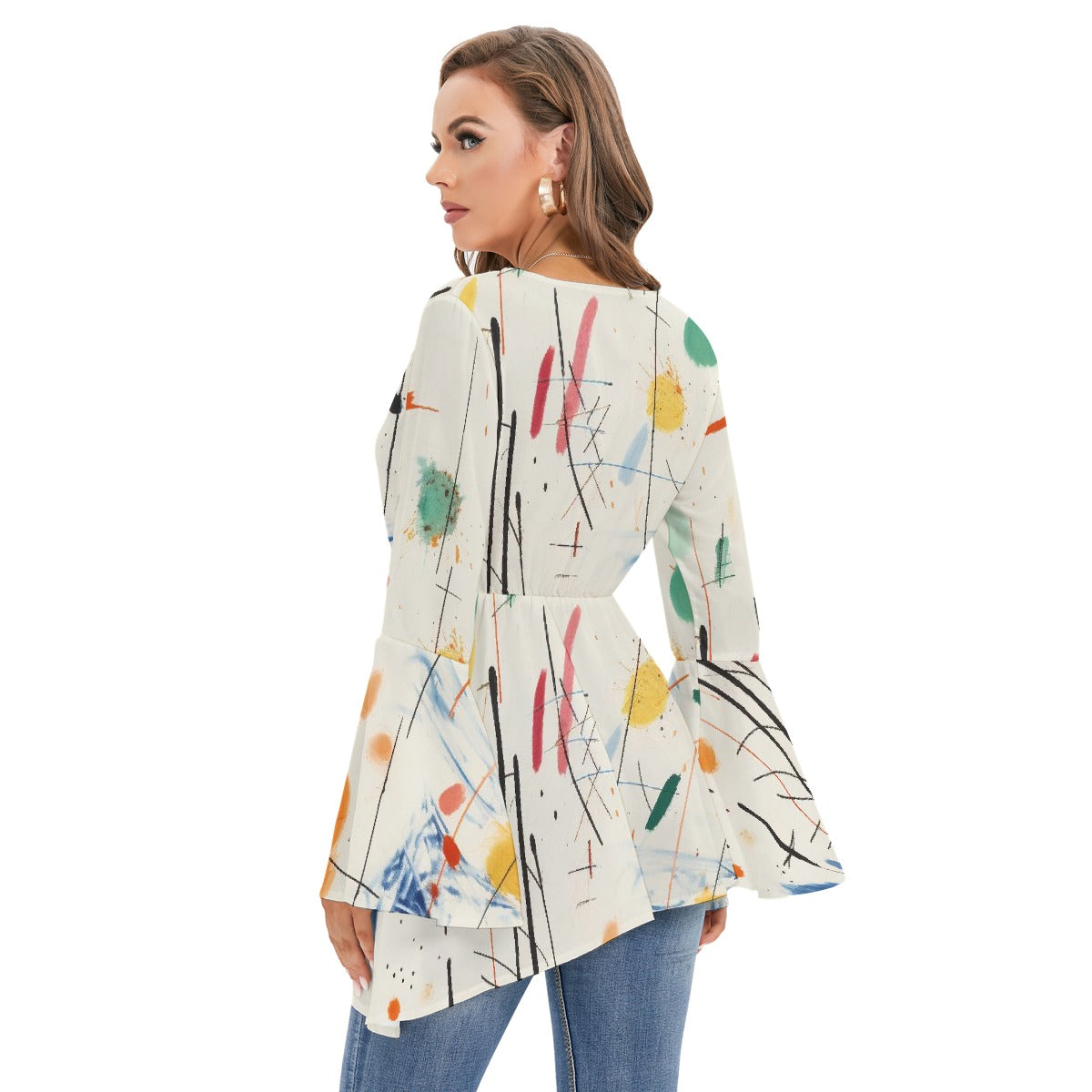 All-Over Print Women's V-neck Blouse With Flared Sleeves