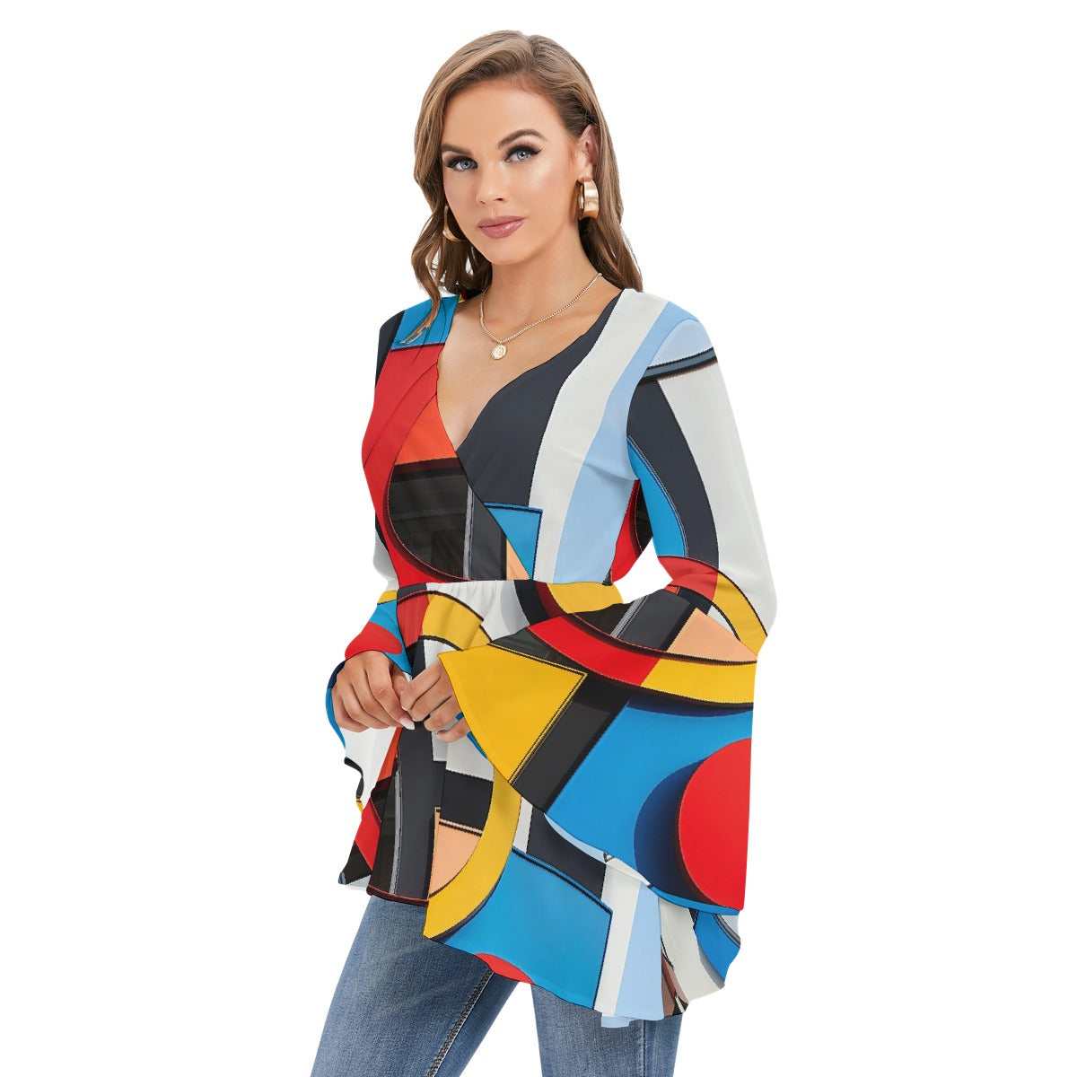 All-Over Print Women's V-neck Blouse With Flared Sleeves