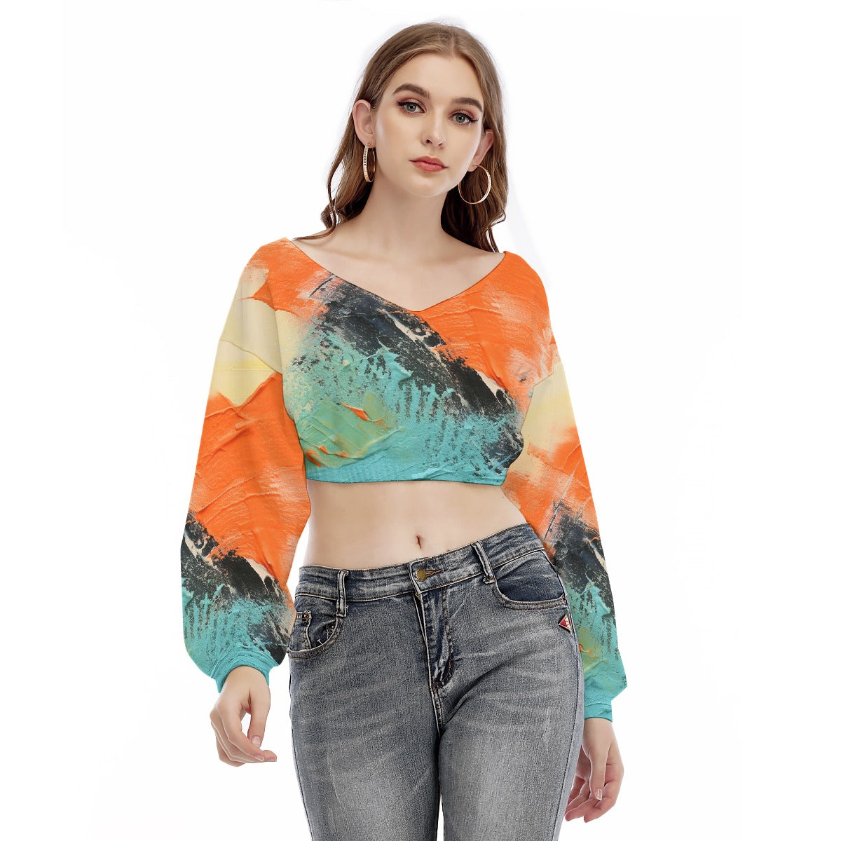 All-Over Print Women's V-neck Long Sleeve Cropped Sweatshirt