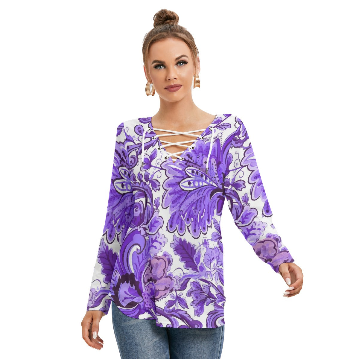 All-Over Print Women's Long Sleeve Neckline Tie Sweatshirt