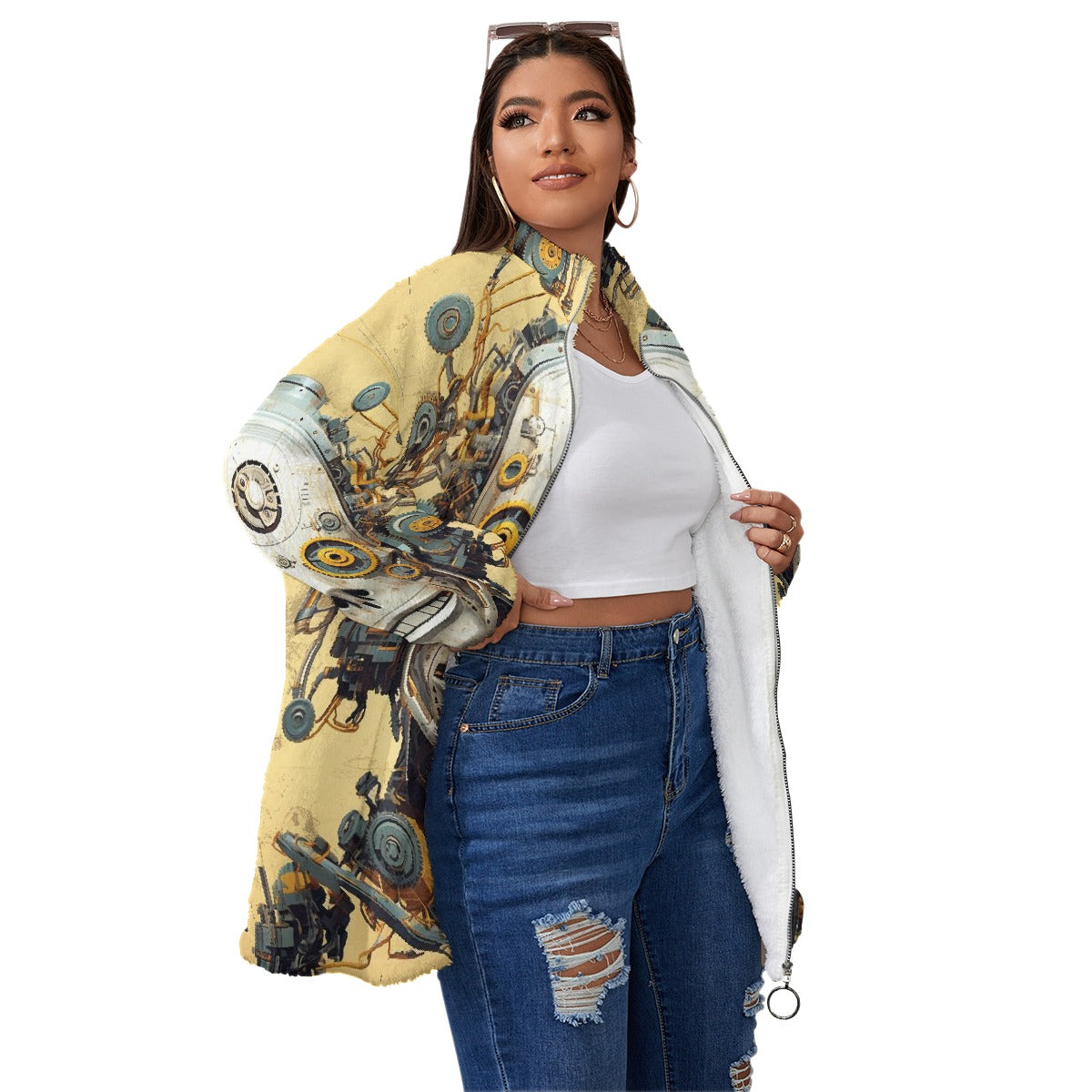 All-Over Print Unisex Borg Fleece Stand-up Collar Coat With Zipper Closure(Plus Size)