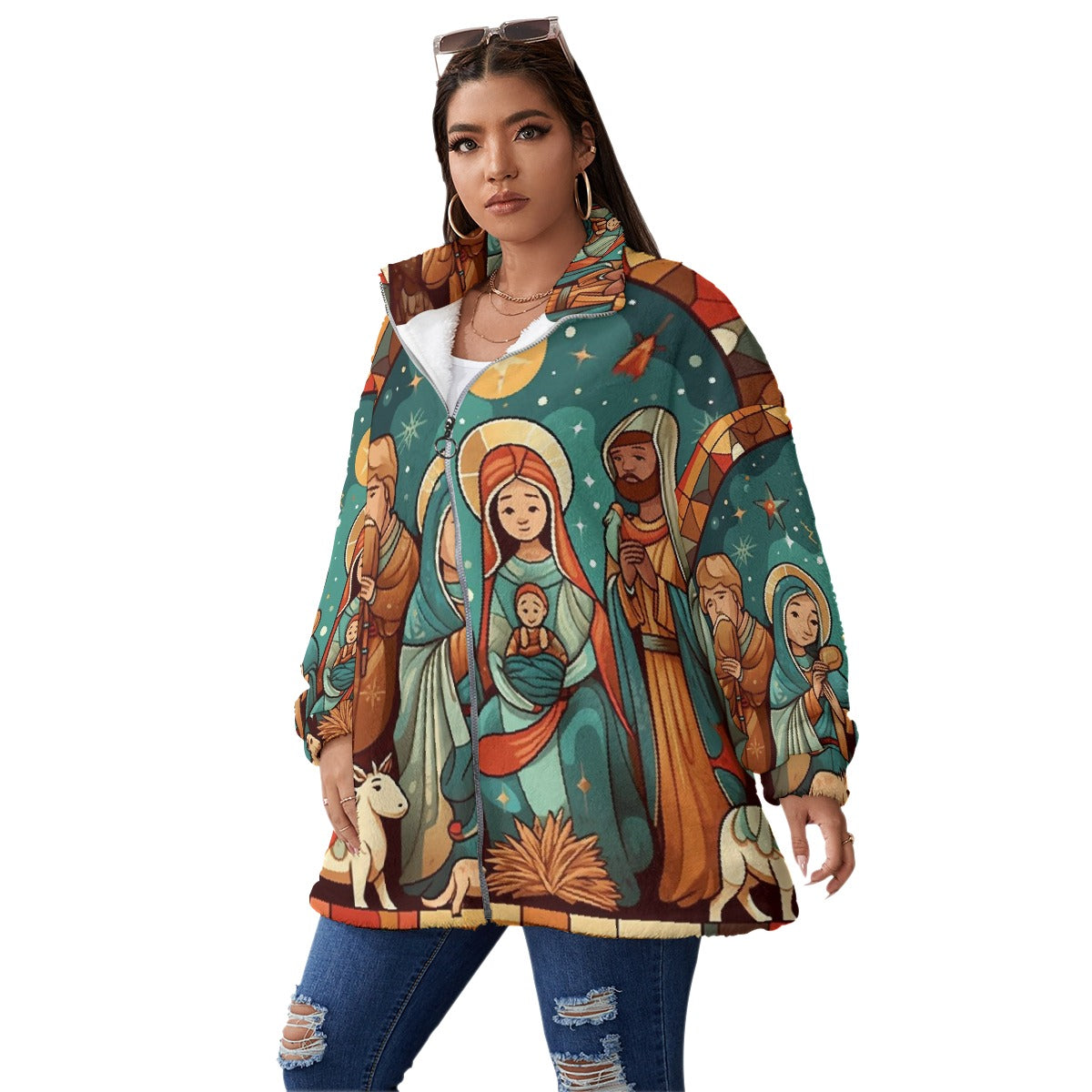 All-Over Print Unisex Borg Fleece Stand-up Collar Coat With Zipper Closure(Plus Size)