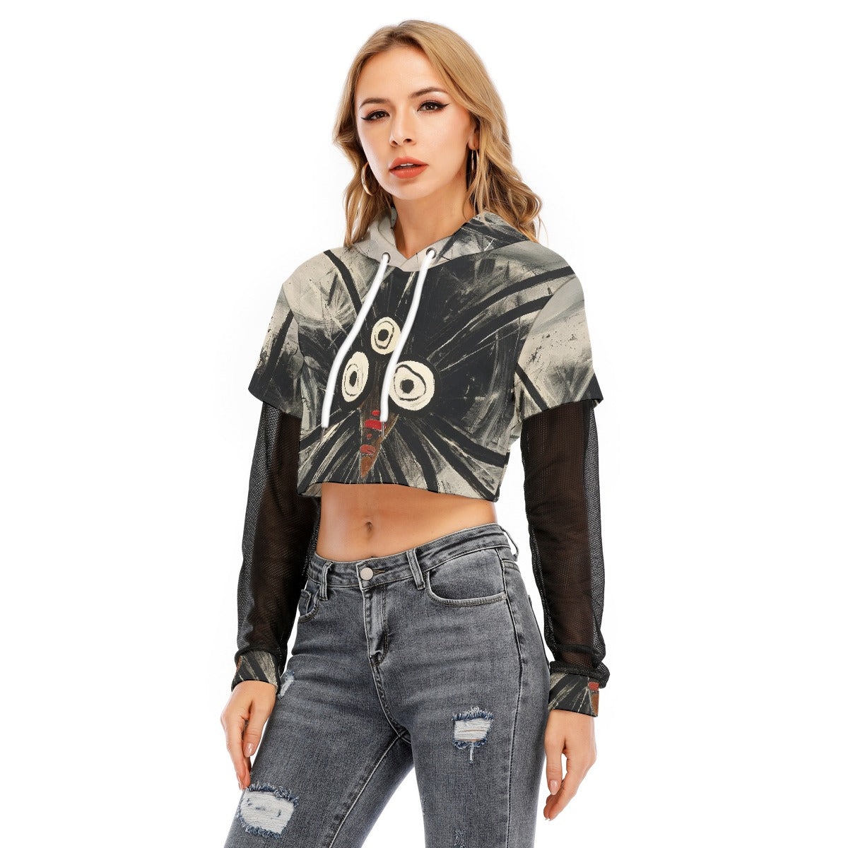 All-Over Print Women's Fake Two-piece Mesh Sleeve Cropped Hoodie