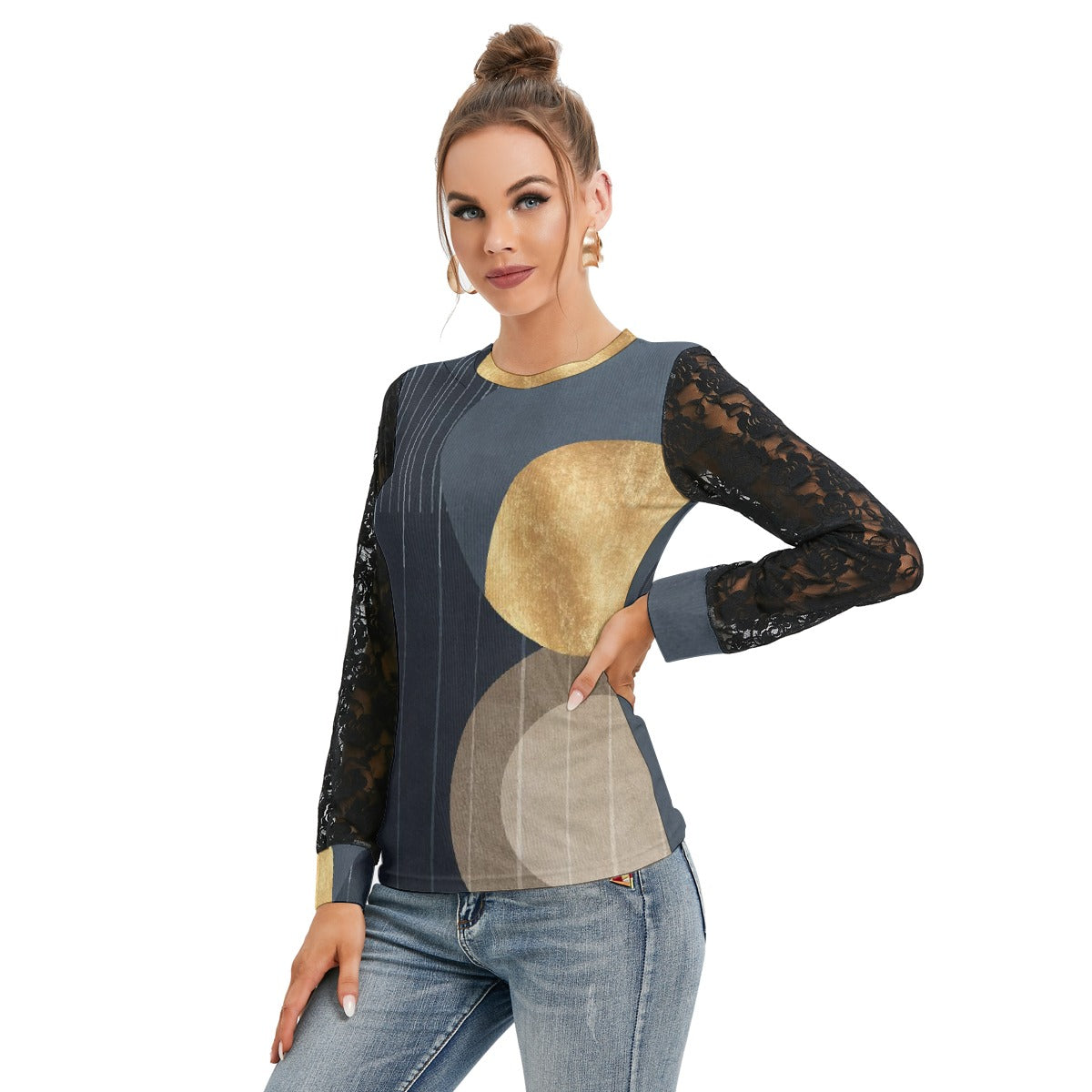 All-Over Print Women's T-shirt And Sleeve With Black Lace
