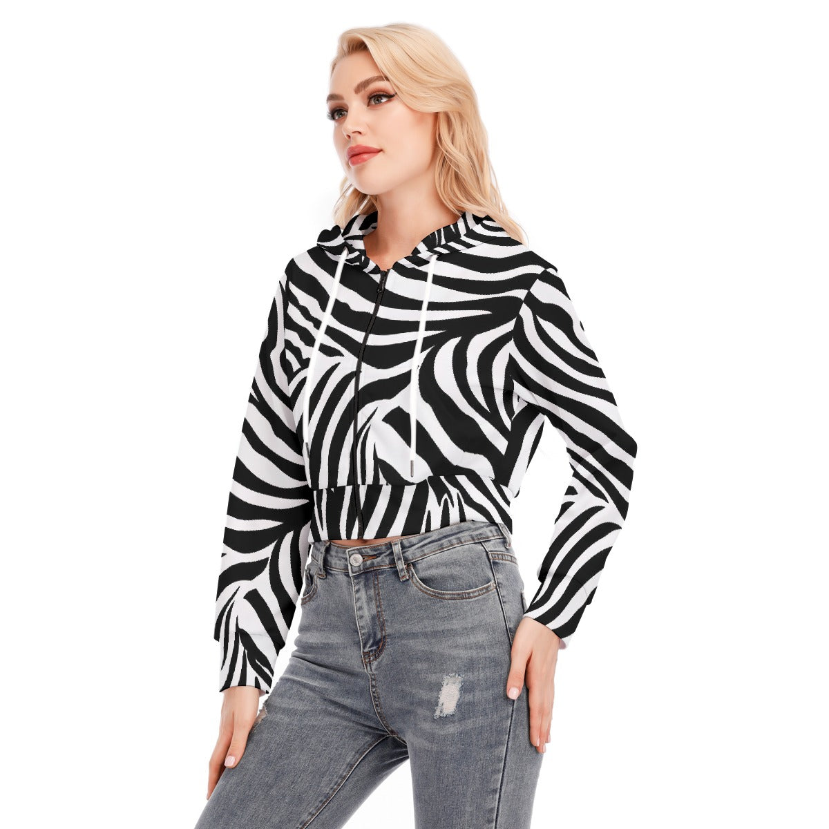 All-Over Print Women's Crop Top Hoodie With Zipper Closure