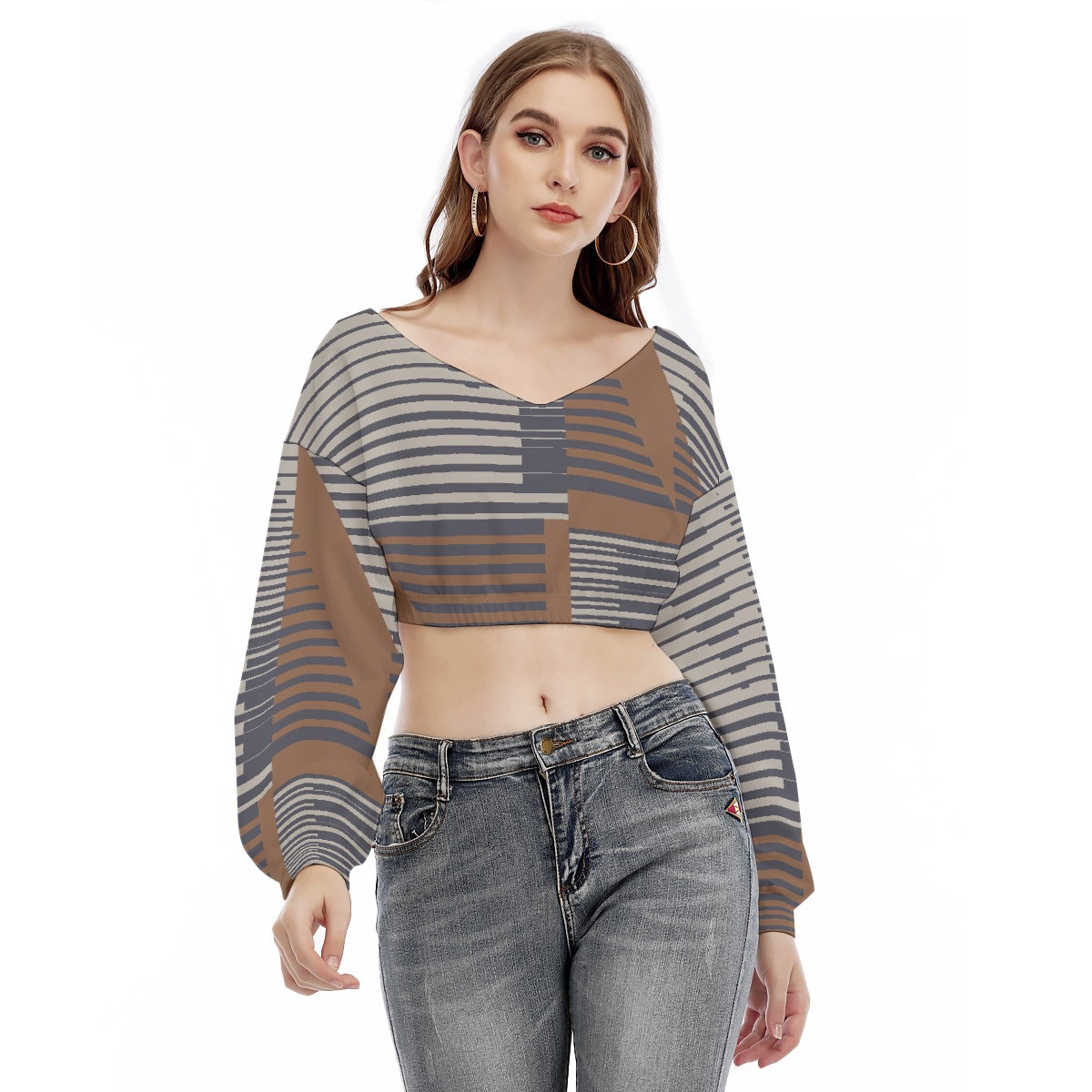 All-Over Print Women's V-neck Long Sleeve Cropped Sweatshirt