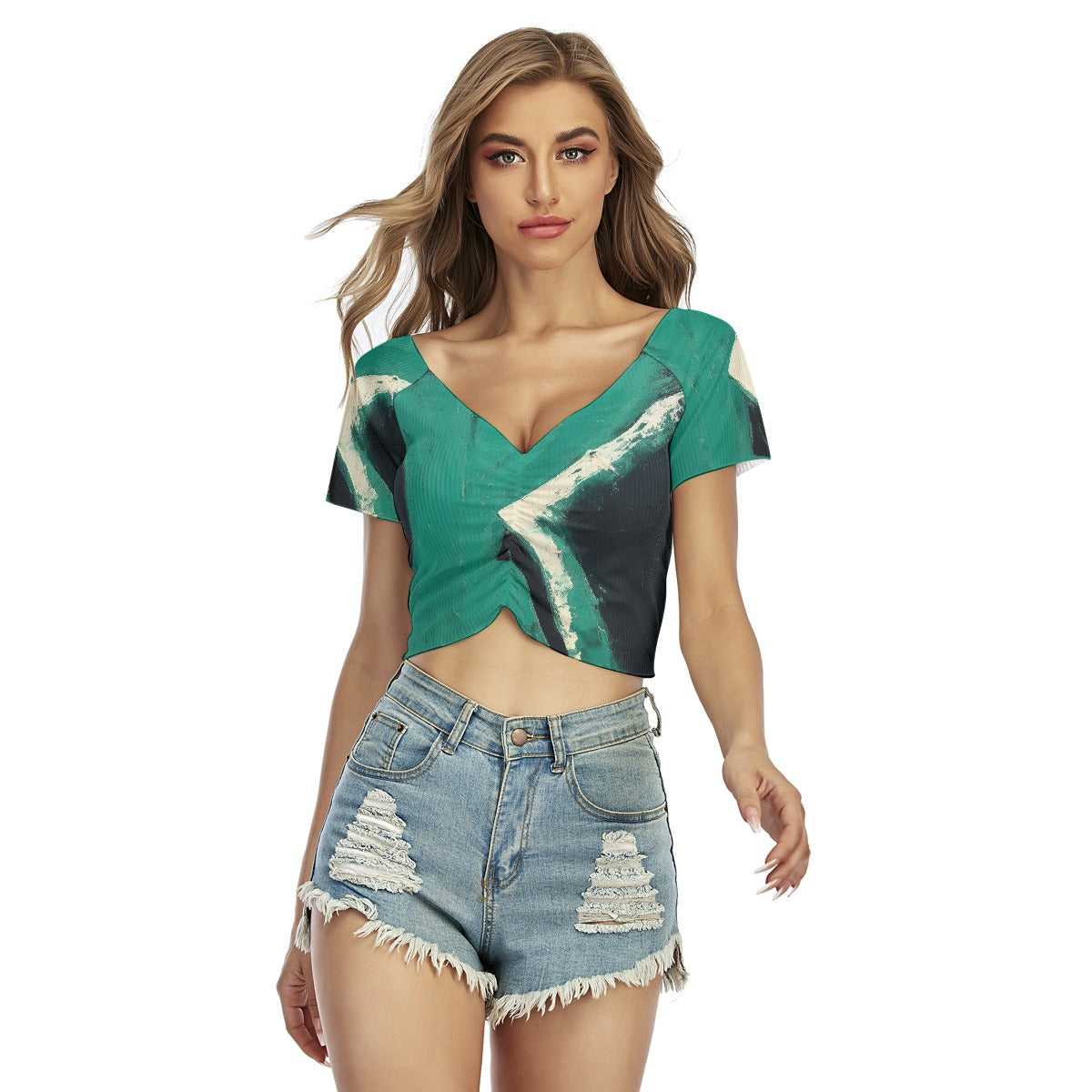 All-Over Print Women's Raglan Drawstring Front  Crop Tee