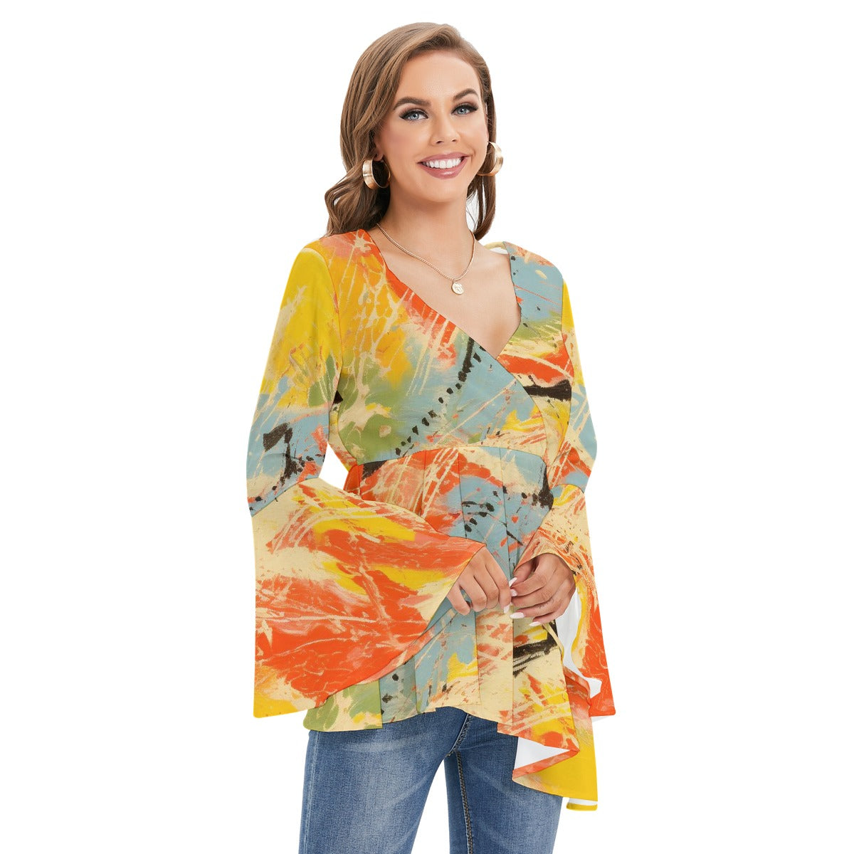 All-Over Print Women's V-neck Blouse With Flared Sleeves