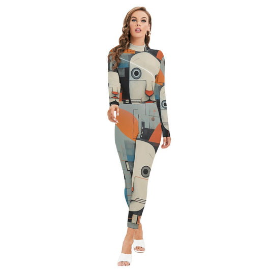 All-Over Print Women's Long-sleeved High-neck Jumpsuit With Zipper