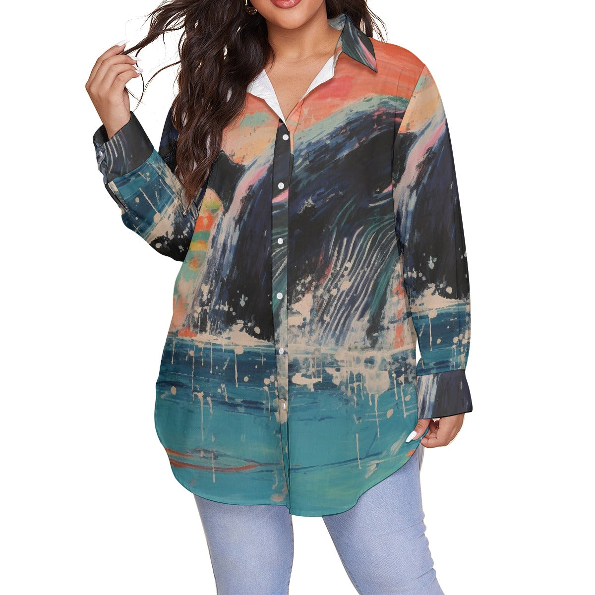 All-Over Print Women's Shirt With Long Sleeve(Plus Size)