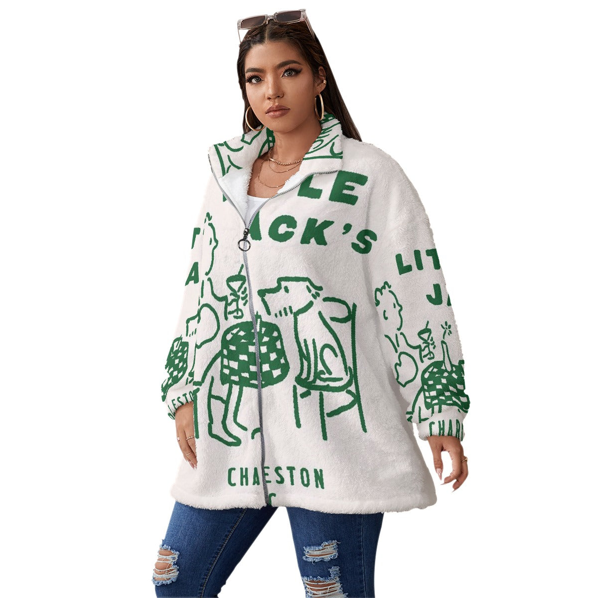 All-Over Print Unisex Borg Fleece Stand-up Collar Coat With Zipper Closure(Plus Size)