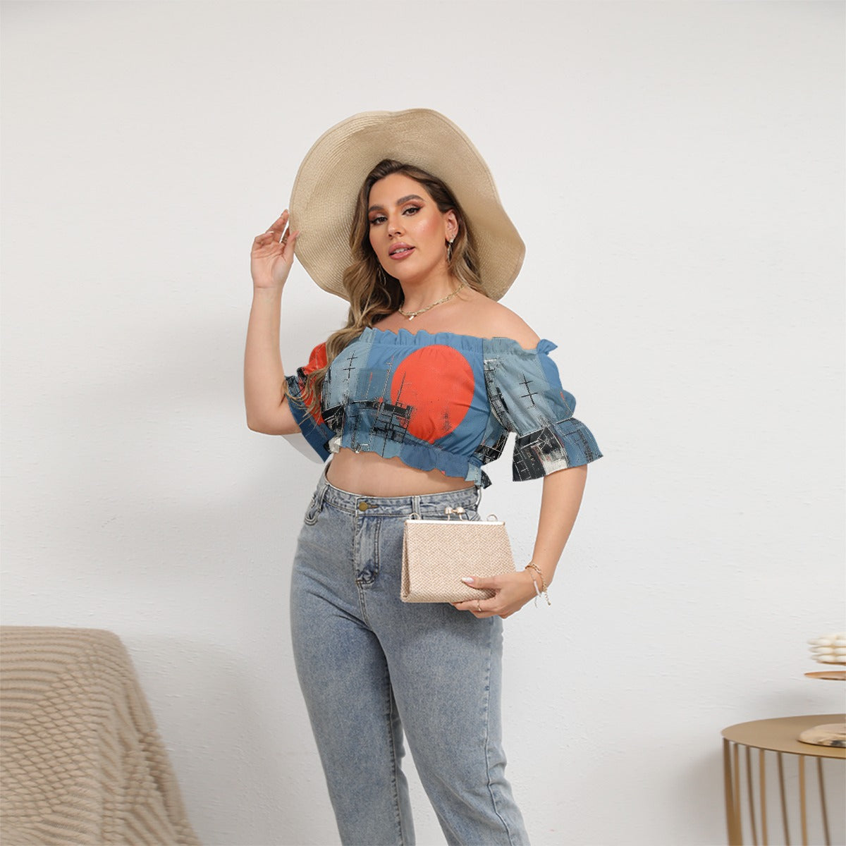 All-Over Print Women's Off-shoulder Cropped Top With Short Puff Sleeve