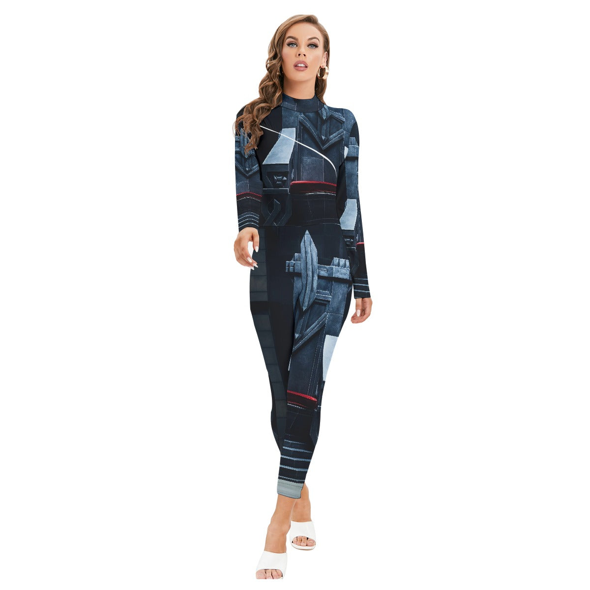 All-Over Print Women's Long-sleeved High-neck Jumpsuit With Zipper