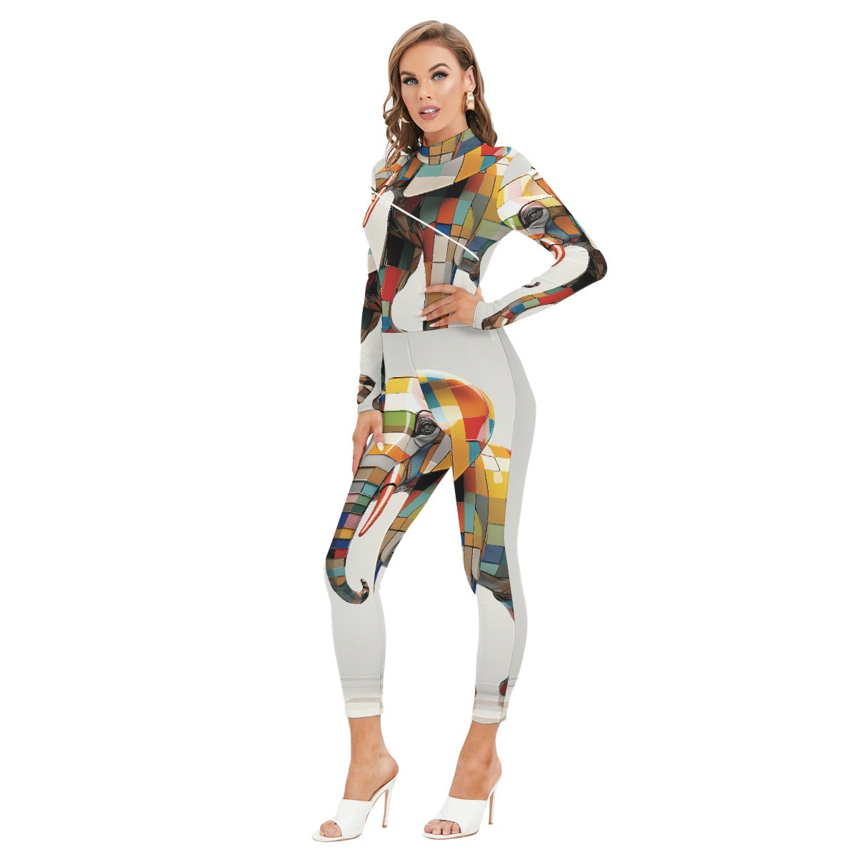 All-Over Print Women's Long-sleeved High-neck Jumpsuit With Zipper