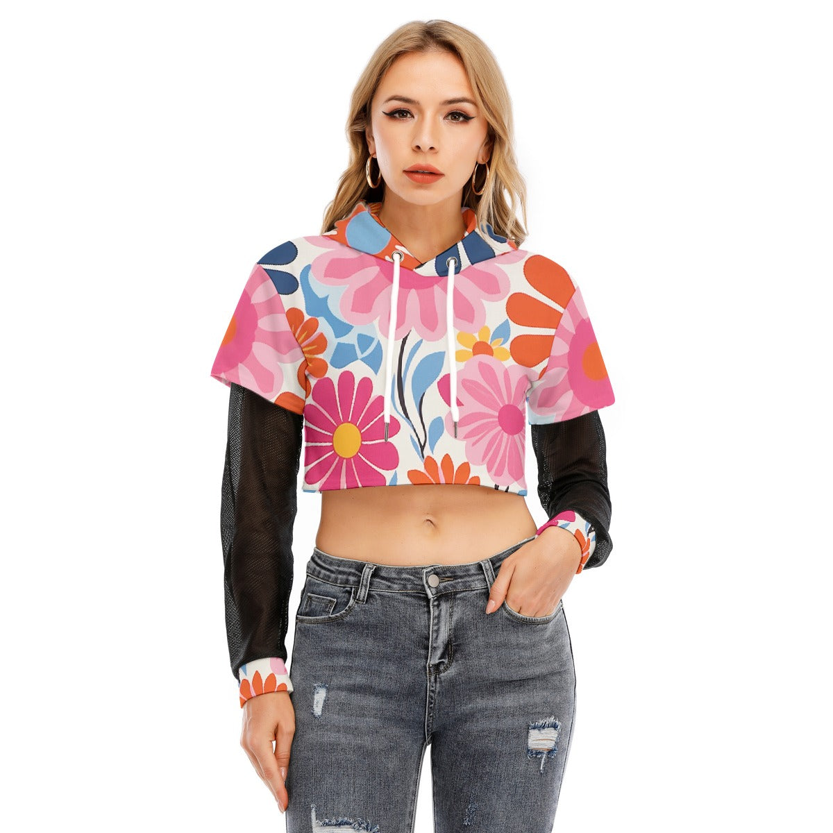 All-Over Print Women's Fake Two-piece Mesh Sleeve Cropped Hoodie