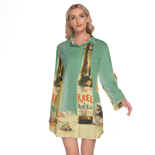 All-Over Print Women's Lapel Shirt Dress With Long Sleeve