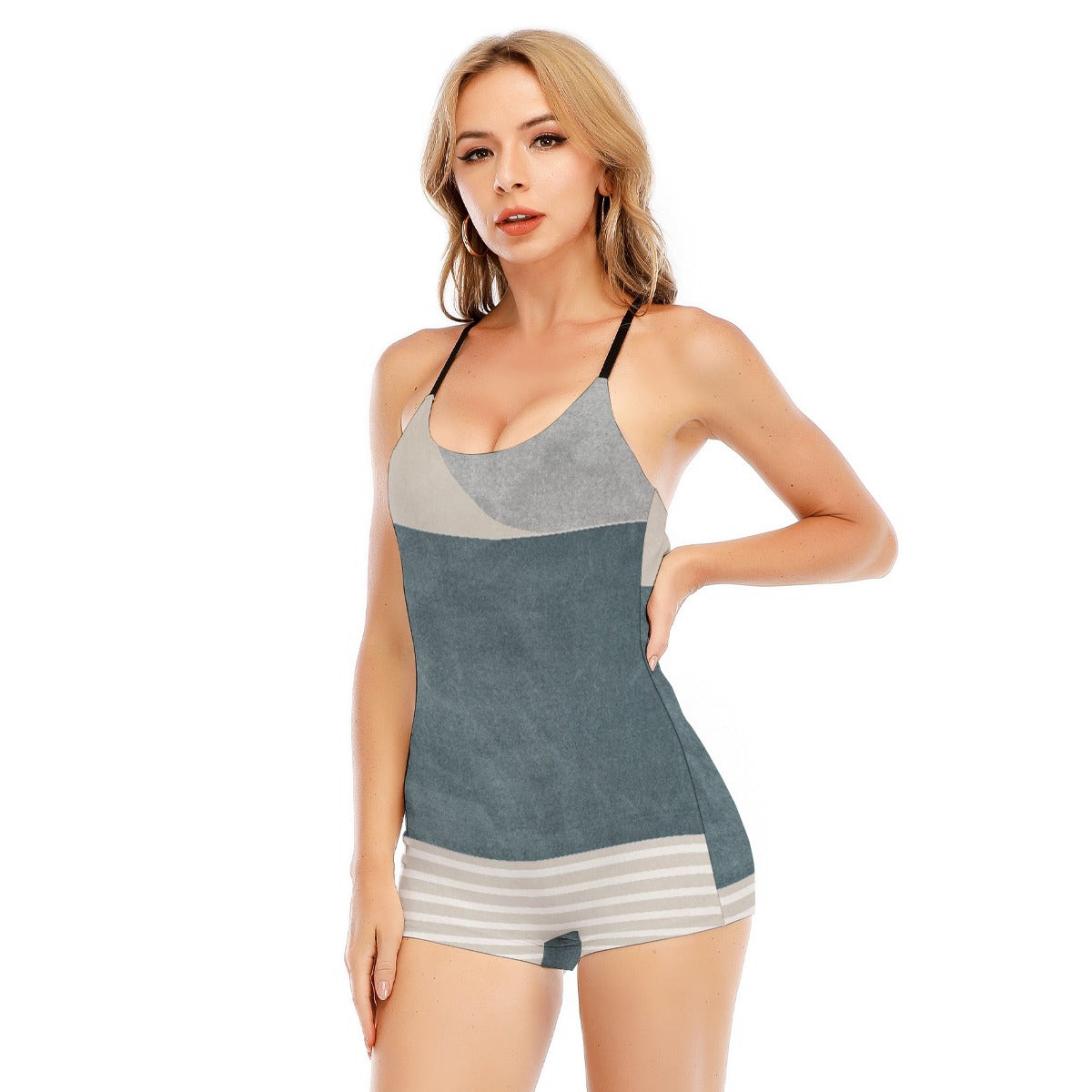 All-Over Print Women's Backless Romper With Black Straps