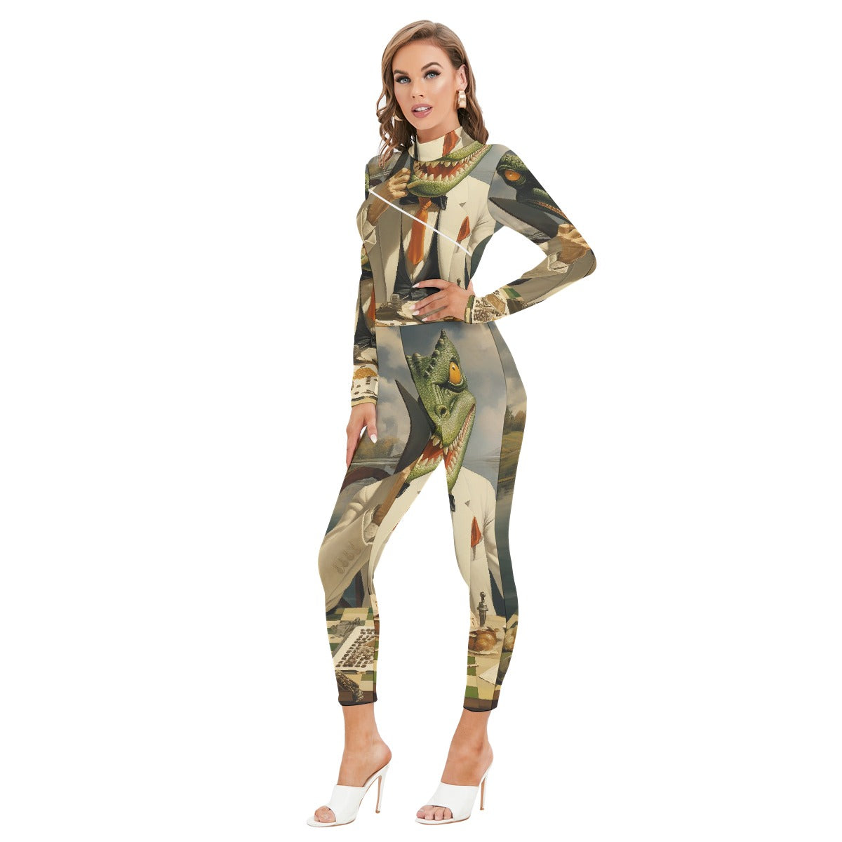 All-Over Print Women's Long-sleeved High-neck Jumpsuit With Zipper