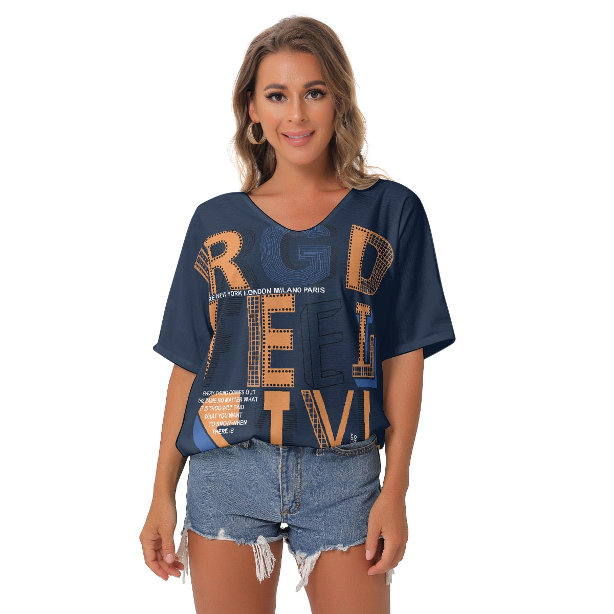 All-Over Print Women's Bat Sleeves V-Neck Blouse