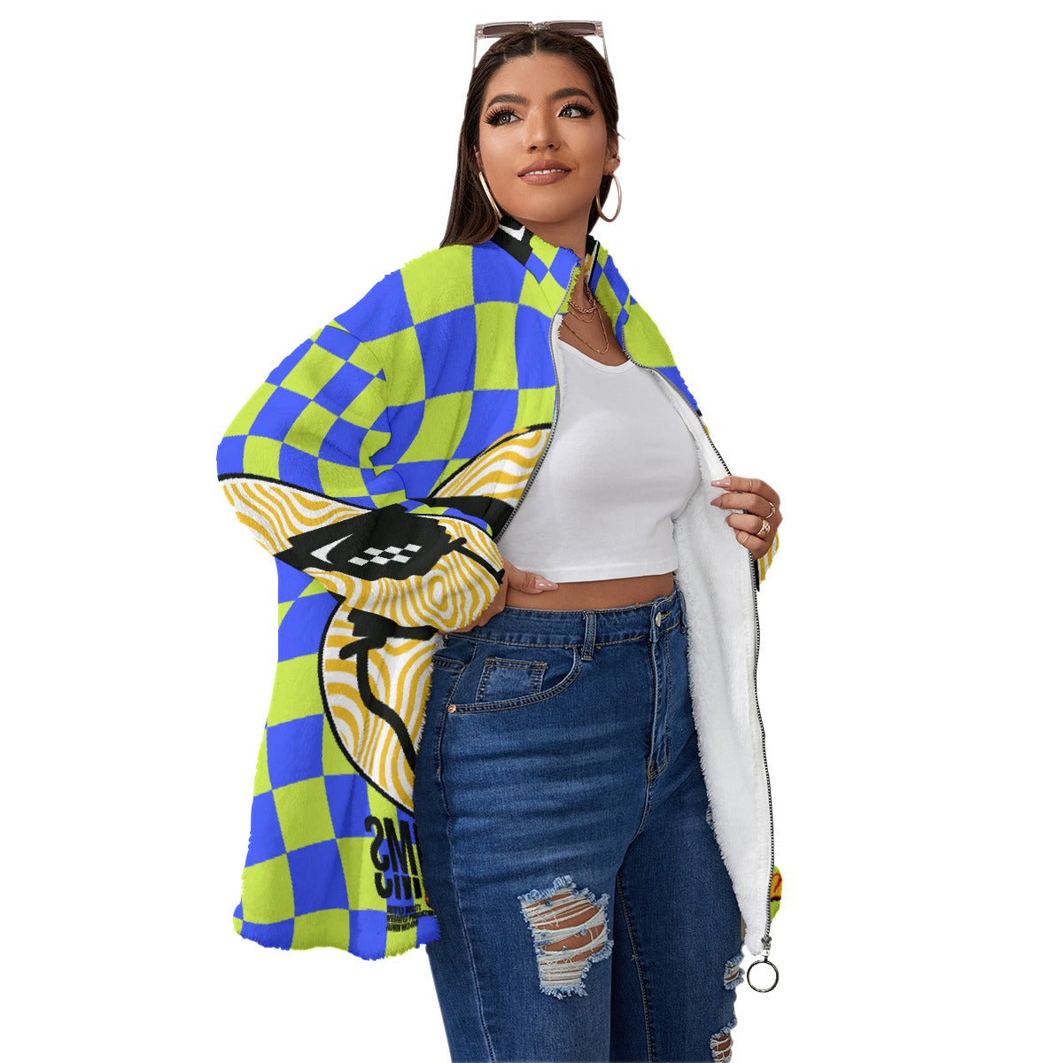 All-Over Print Unisex Borg Fleece Stand-up Collar Coat With Zipper Closure(Plus Size)