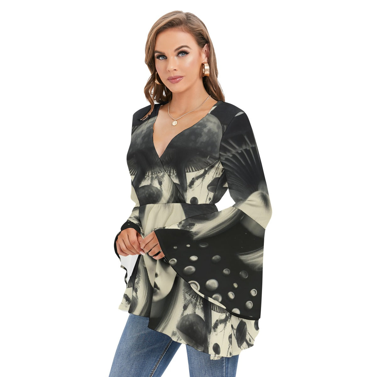 All-Over Print Women's V-neck Blouse With Flared Sleeves