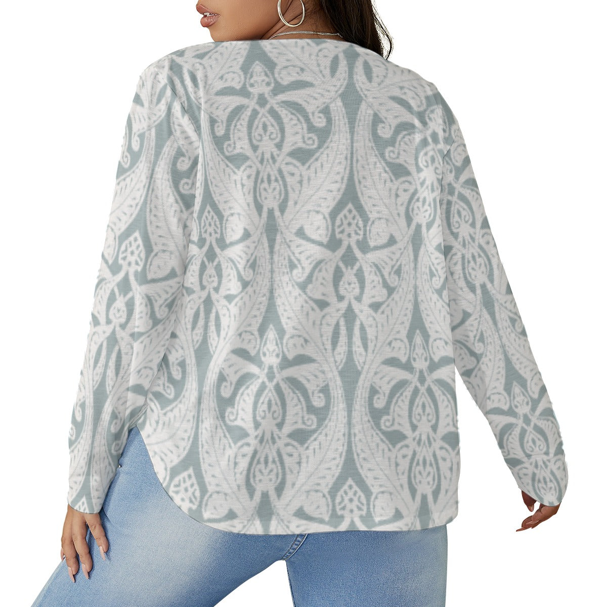 All-Over Print Women's V-neck T-shirt With Curved Hem(Plus Size)