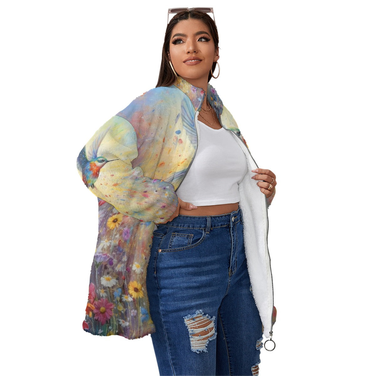 All-Over Print Unisex Borg Fleece Stand-up Collar Coat With Zipper Closure(Plus Size)