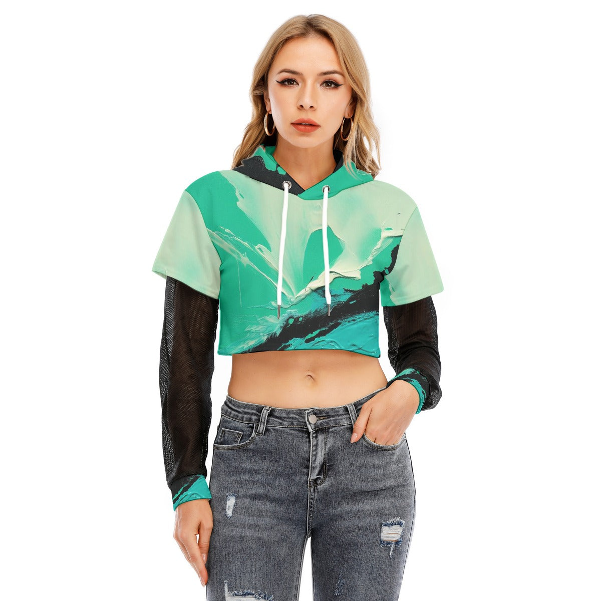 All-Over Print Women's Fake Two-piece Mesh Sleeve Cropped Hoodie