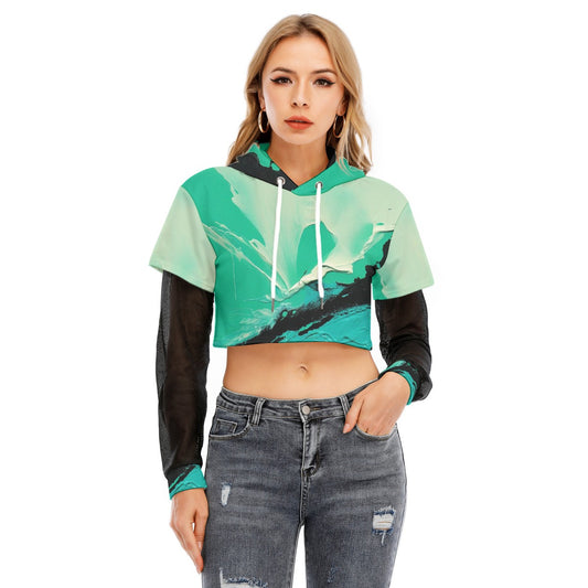 All-Over Print Women's Fake Two-piece Mesh Sleeve Cropped Hoodie