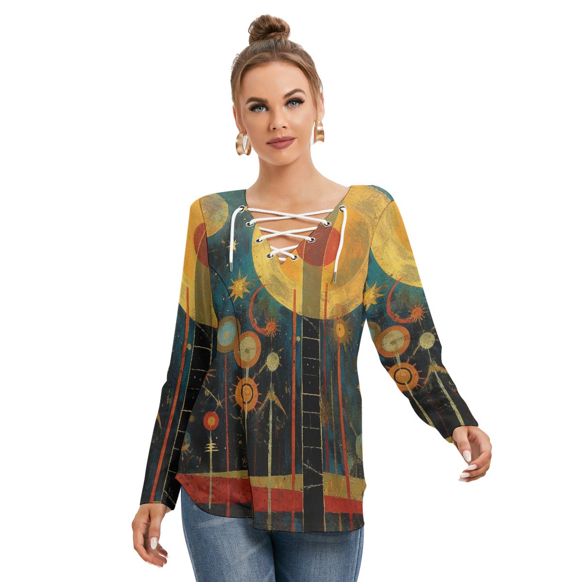 All-Over Print Women's Long Sleeve Neckline Tie Sweatshirt