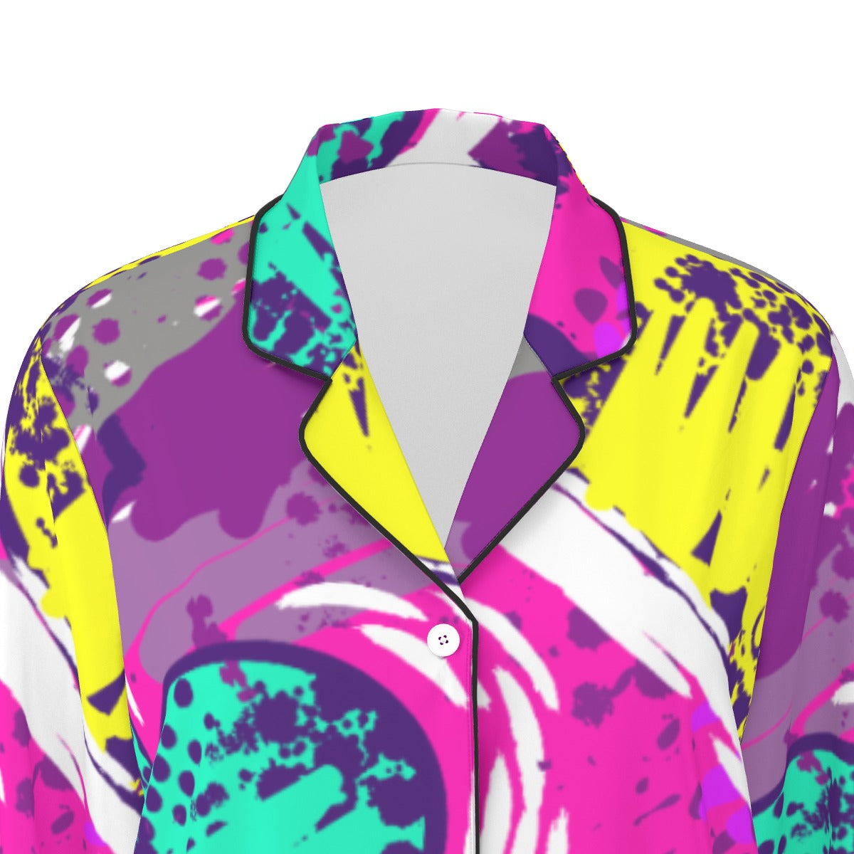 All-Over Print Women's Long Sleeve Pajama Set With Black Contrast Piping