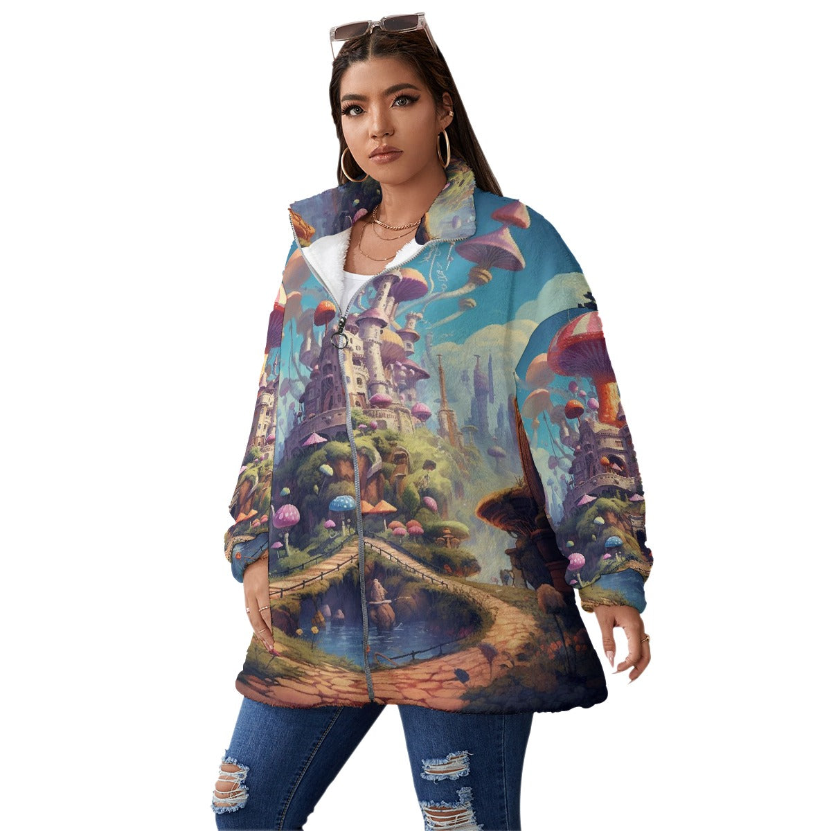 All-Over Print Unisex Borg Fleece Stand-up Collar Coat With Zipper Closure(Plus Size)