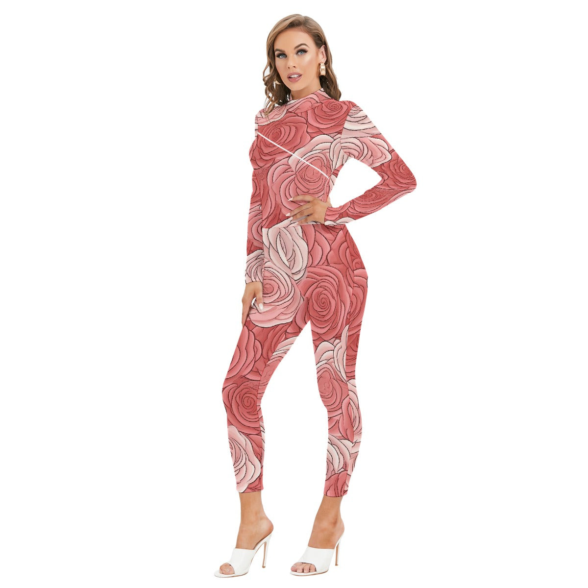All-Over Print Women's Long-sleeved High-neck Jumpsuit With Zipper