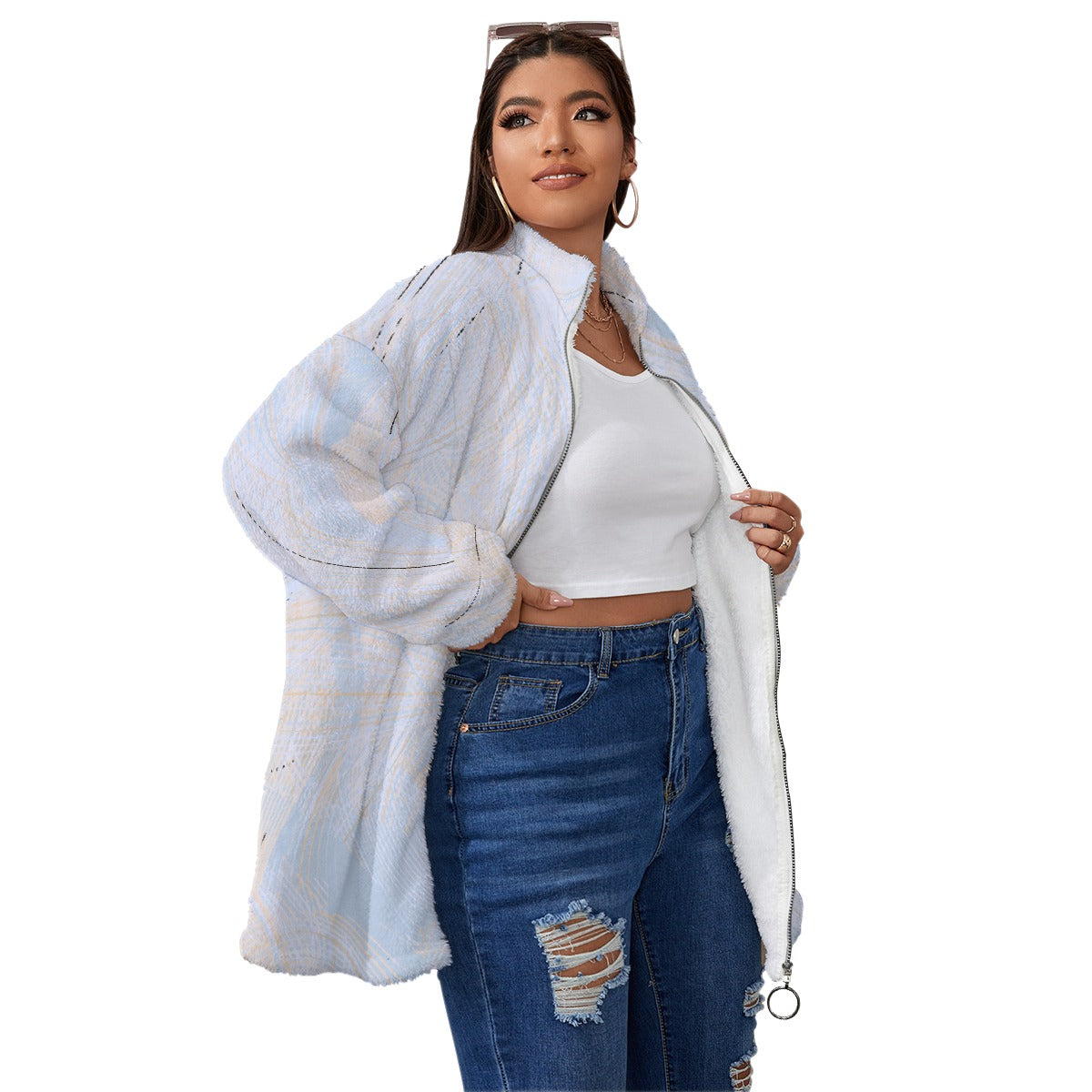 All-Over Print Unisex Borg Fleece Stand-up Collar Coat With Zipper Closure(Plus Size)