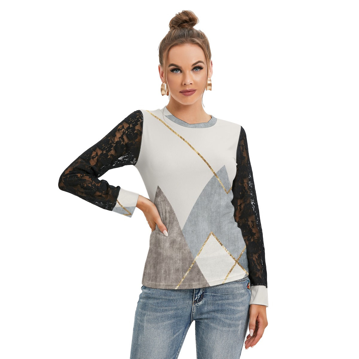 All-Over Print Women's T-shirt And Sleeve With Black Lace