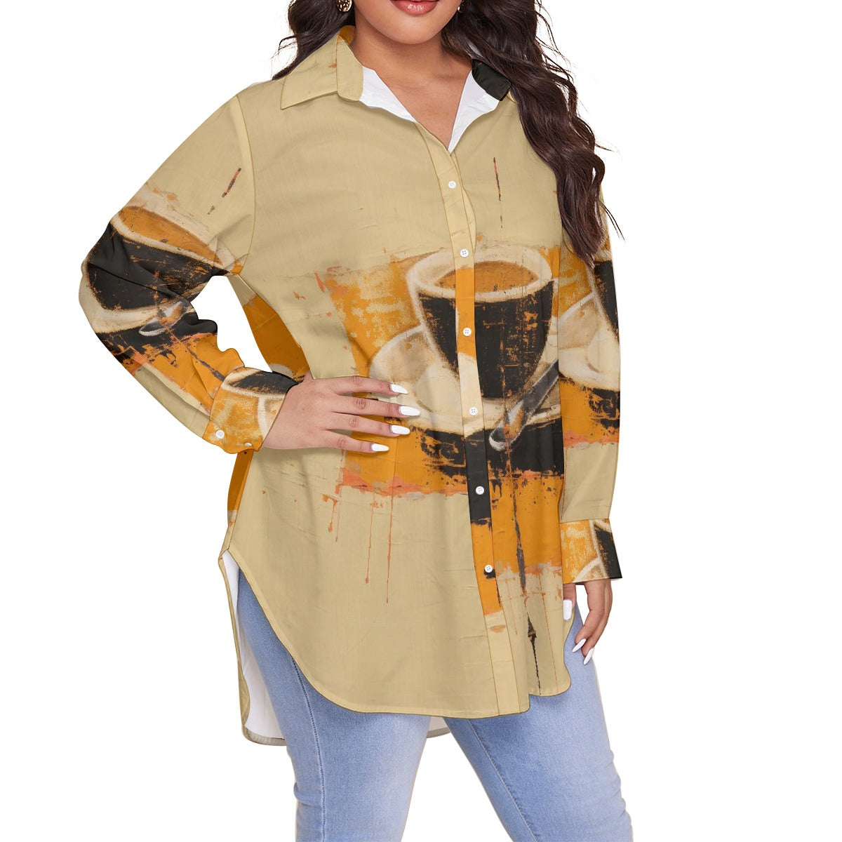 All-Over Print Women's Shirt With Long Sleeve(Plus Size)