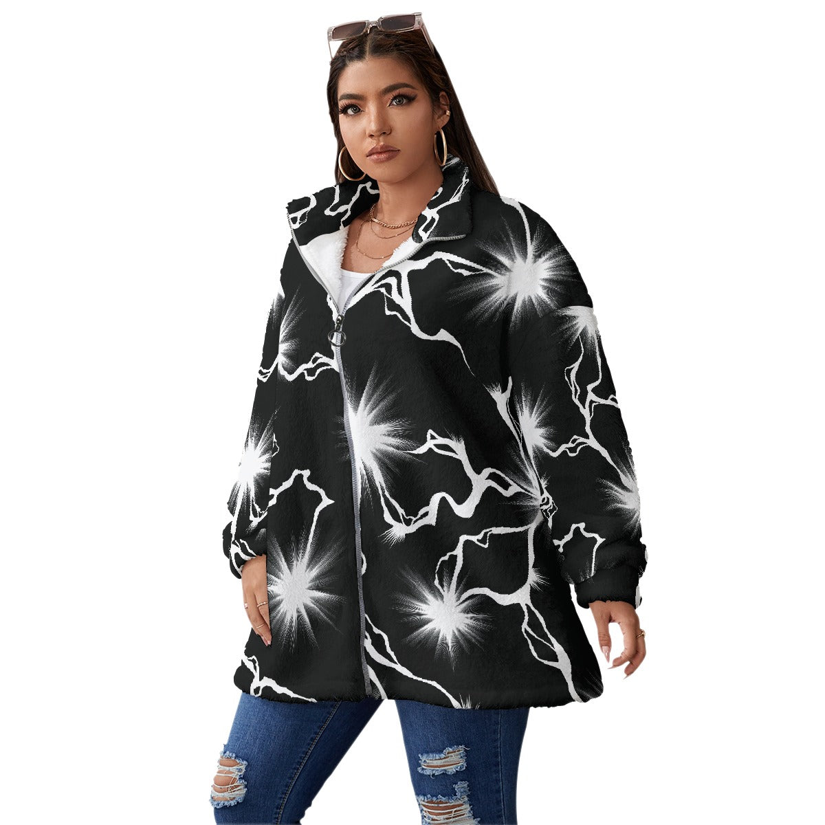 All-Over Print Unisex Borg Fleece Stand-up Collar Coat With Zipper Closure(Plus Size)