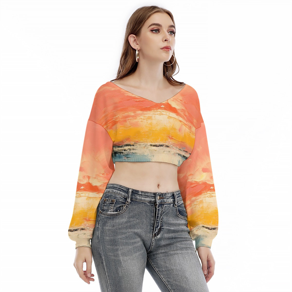All-Over Print Women's V-neck Long Sleeve Cropped Sweatshirt
