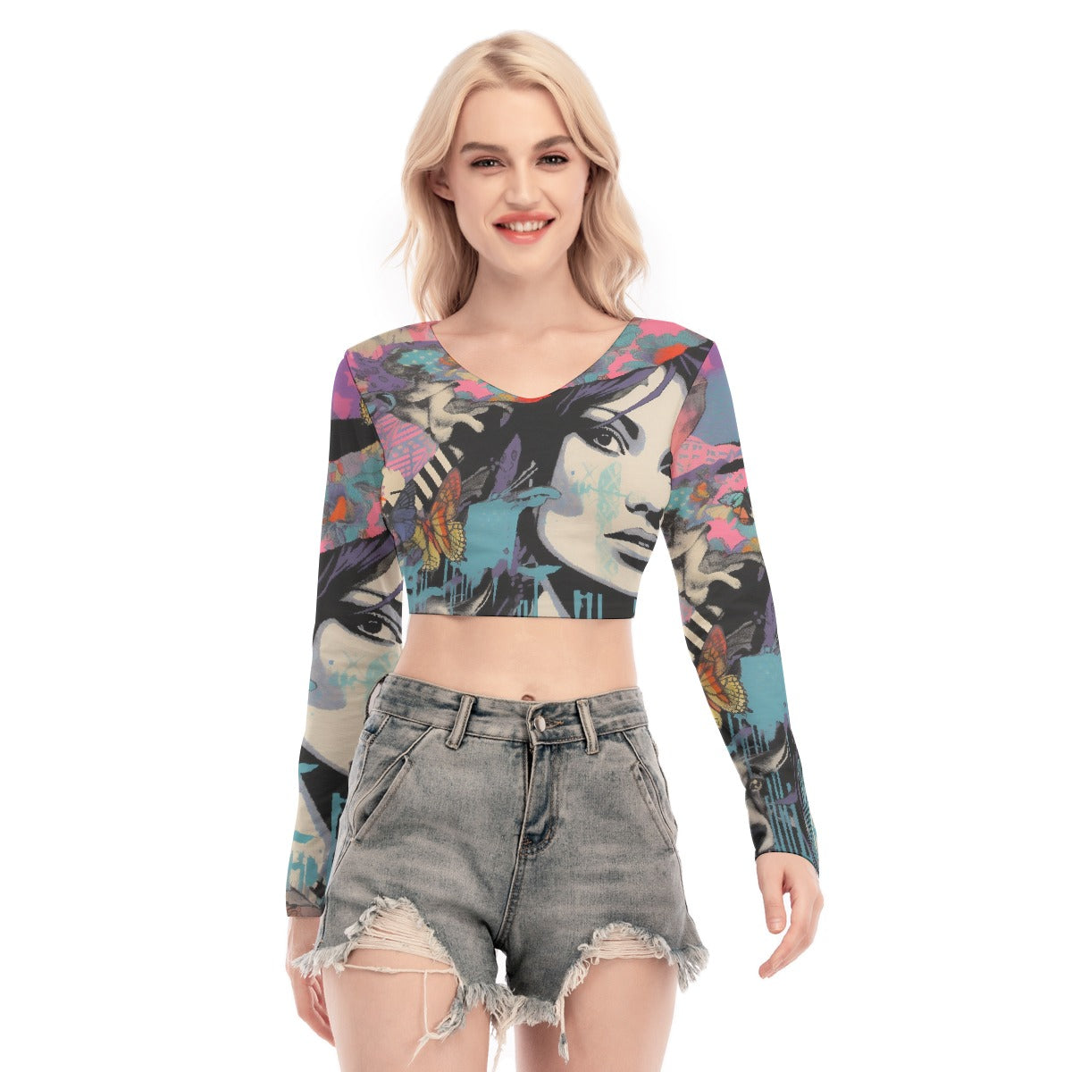 All-Over Print Women's Back Hollow T-shirt With Strap