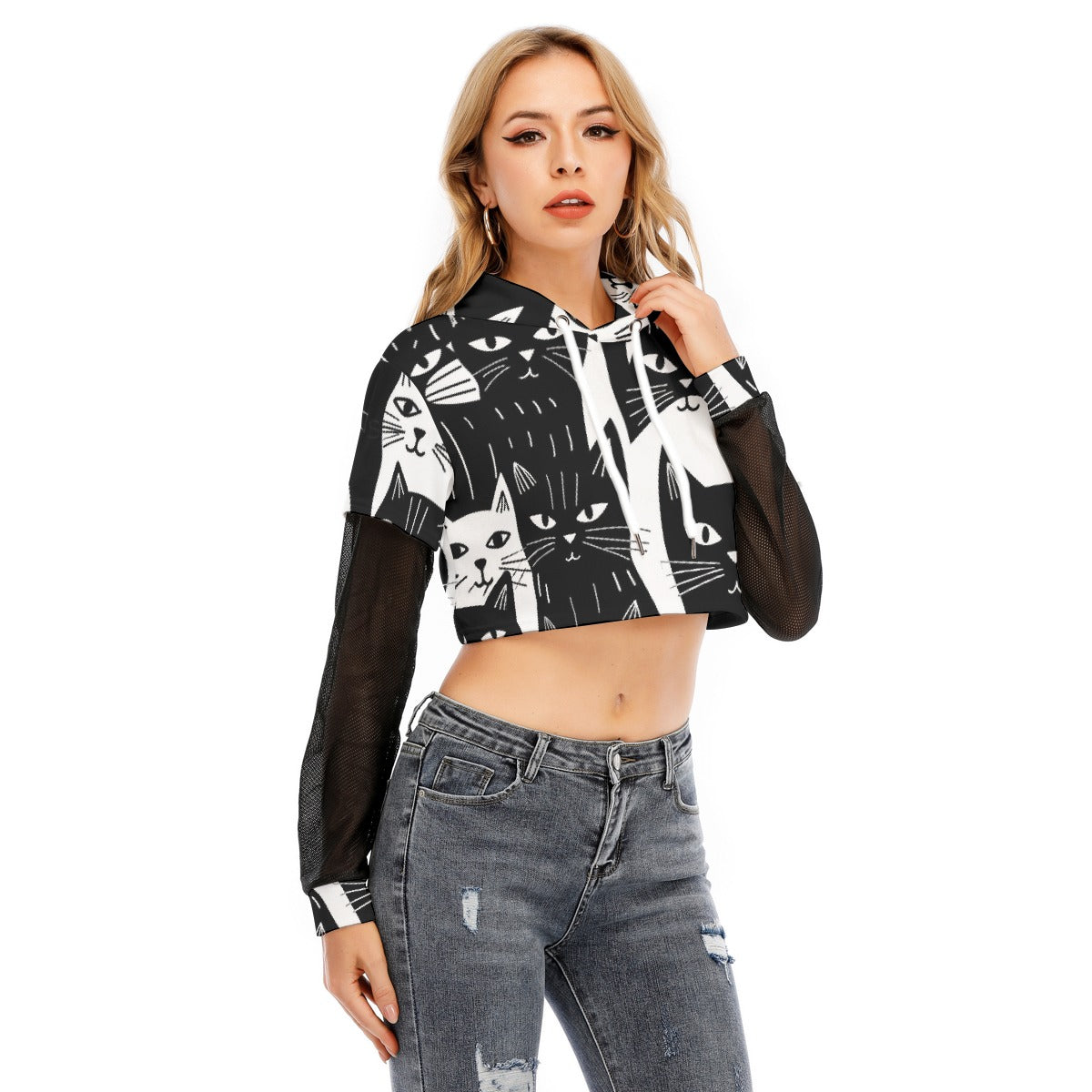 All-Over Print Women's Fake Two-piece Mesh Sleeve Cropped Hoodie