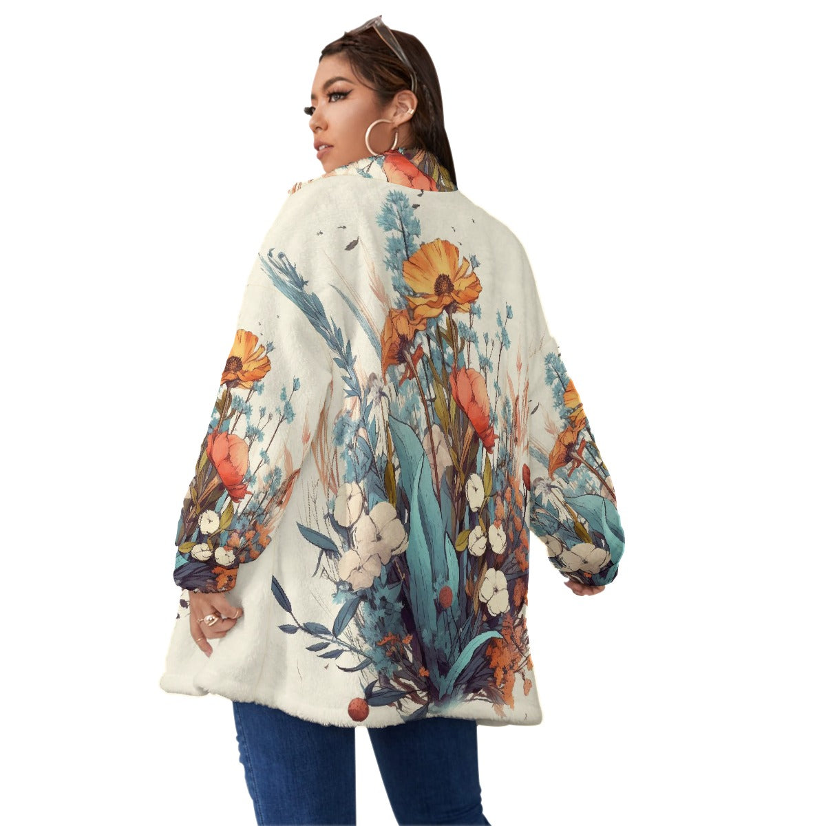 All-Over Print Unisex Borg Fleece Stand-up Collar Coat With Zipper Closure(Plus Size)