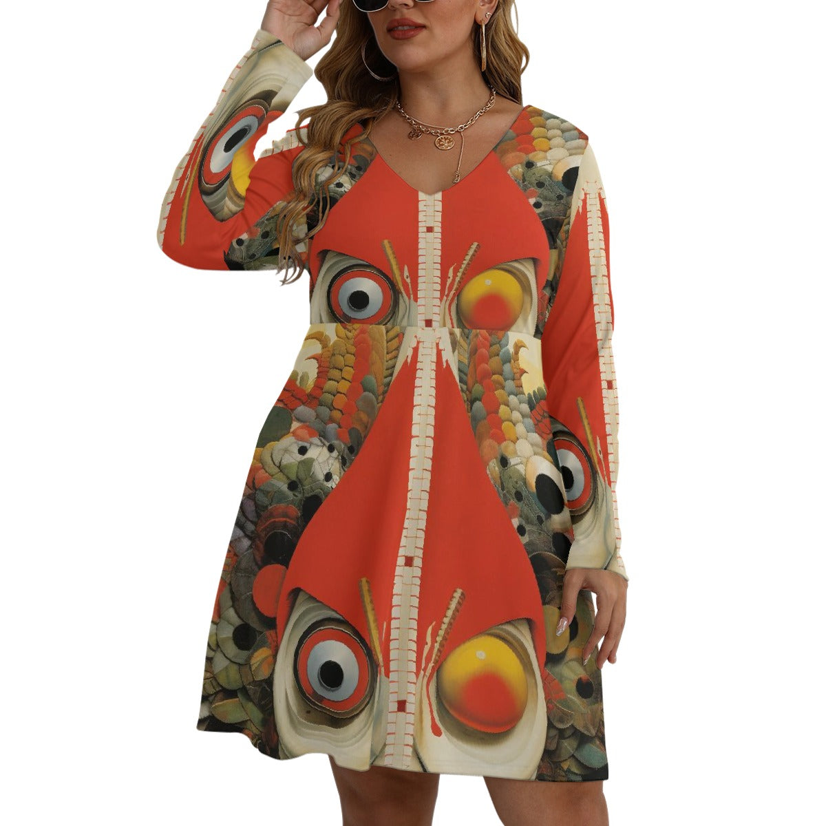 All-Over Print Women's V-neck Long Sleeve Dress(Plus Size)