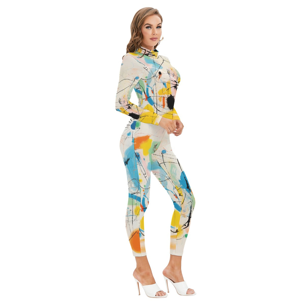 All-Over Print Women's Long-sleeved High-neck Jumpsuit With Zipper