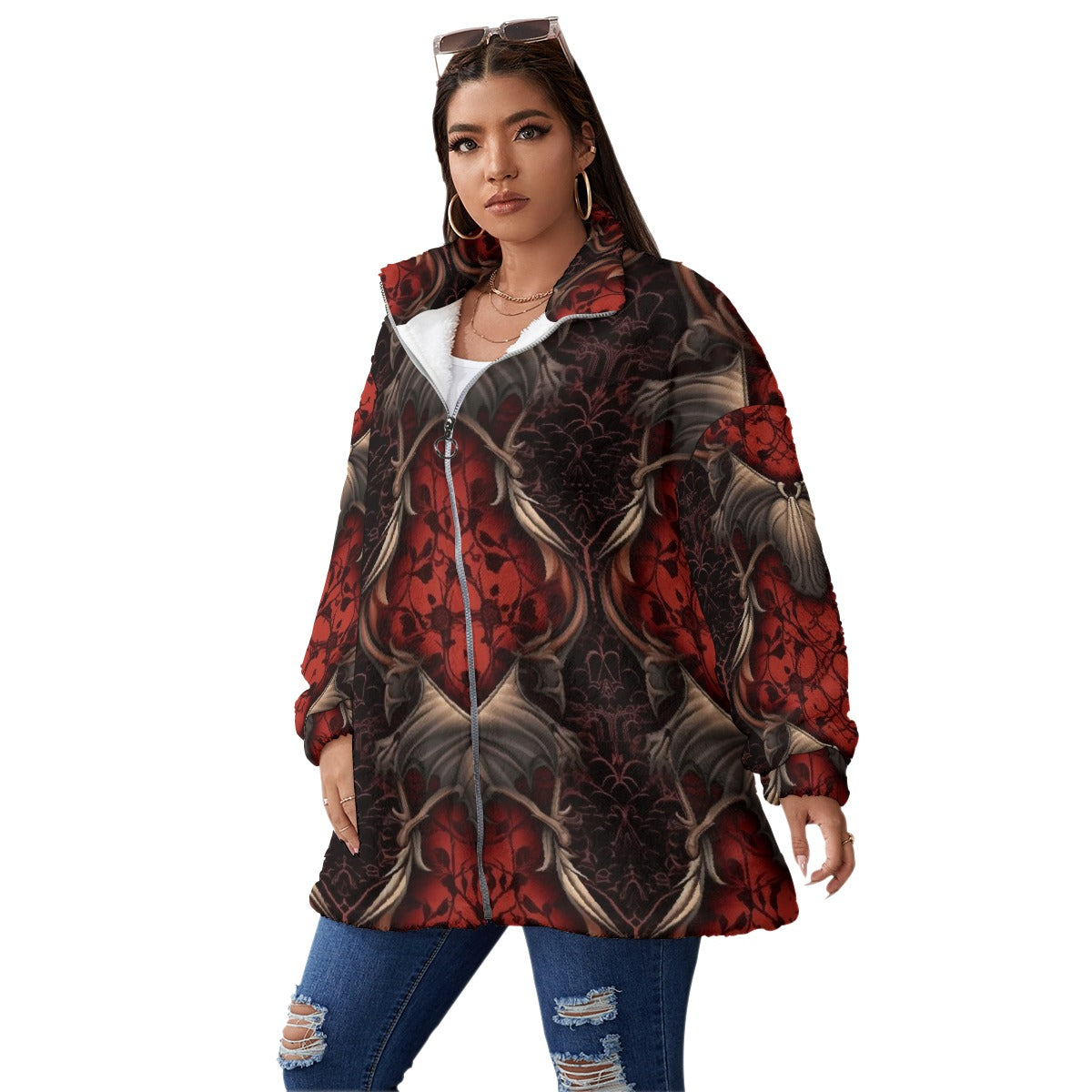 All-Over Print Unisex Borg Fleece Stand-up Collar Coat With Zipper Closure(Plus Size)