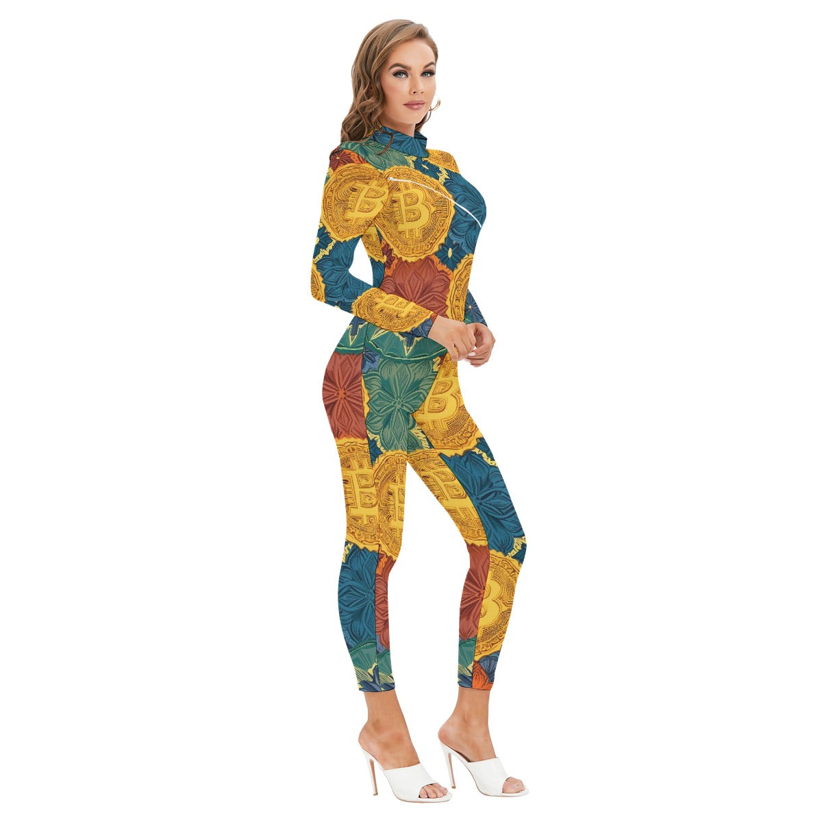 All-Over Print Women's Long-sleeved High-neck Jumpsuit With Zipper