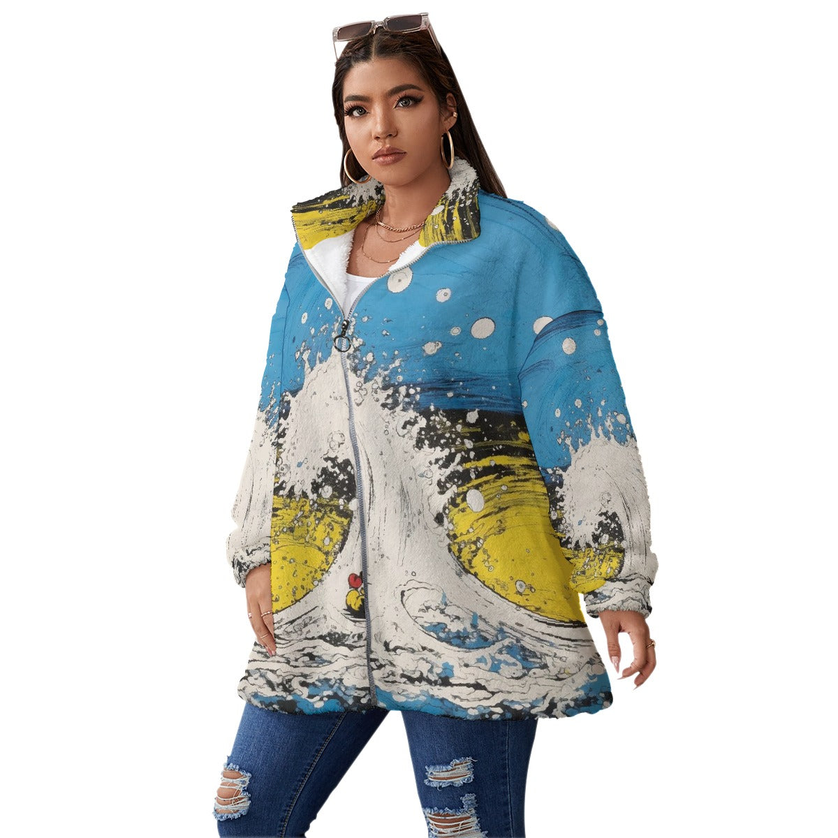 All-Over Print Unisex Borg Fleece Stand-up Collar Coat With Zipper Closure(Plus Size)