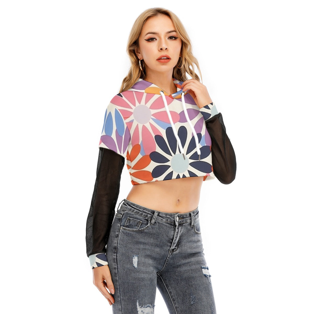 All-Over Print Women's Fake Two-piece Mesh Sleeve Cropped Hoodie