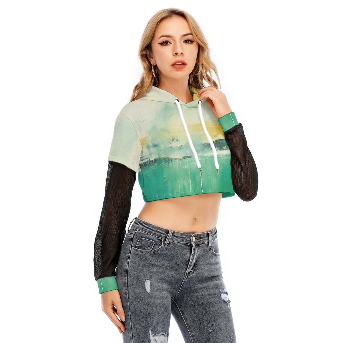 All-Over Print Women's Fake Two-piece Mesh Sleeve Cropped Hoodie