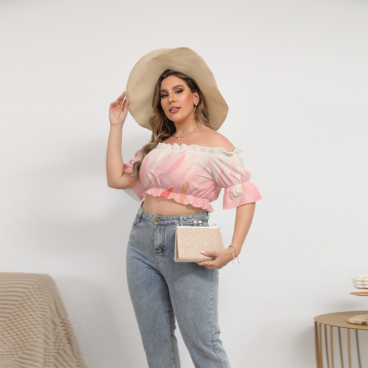 All-Over Print Women's Off-shoulder Cropped Top With Short Puff Sleeve